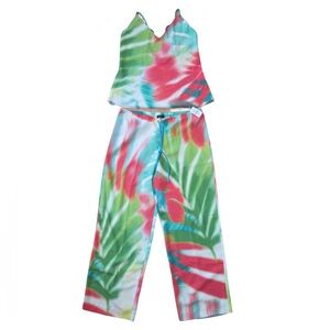 Natori Abstract Palm Tree Jungle Print White Pink Two Piece Tank and Pants Set!